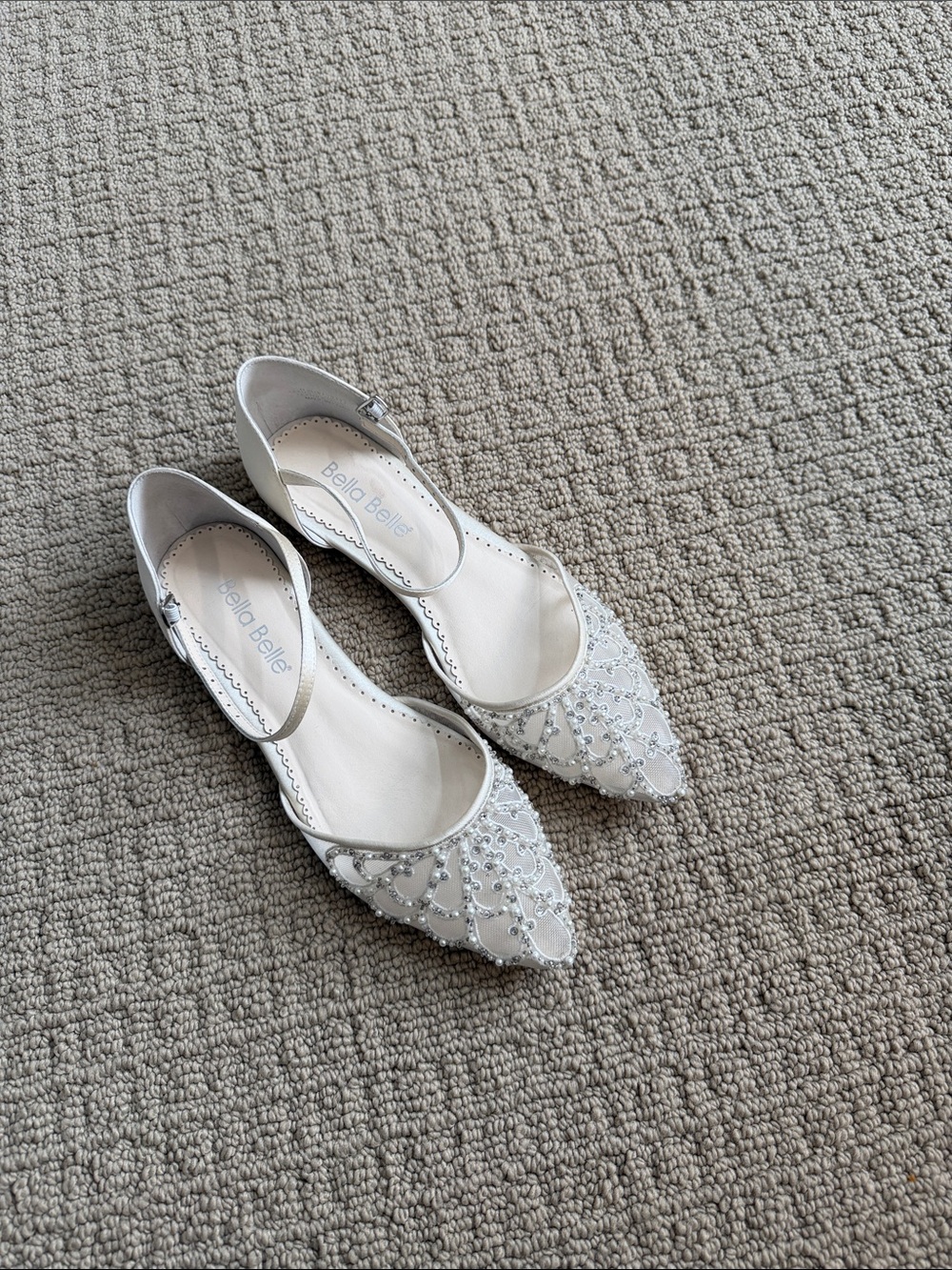 Bella Belle White Beaded Pointed D'Orsay Flats with Ankle Strap